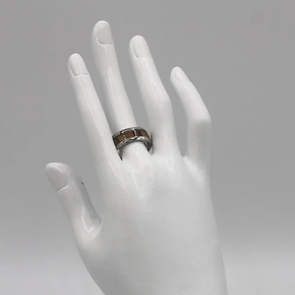 Jewelry ring band men mens 8mm wide silver tone stainless steel size 10 wood new